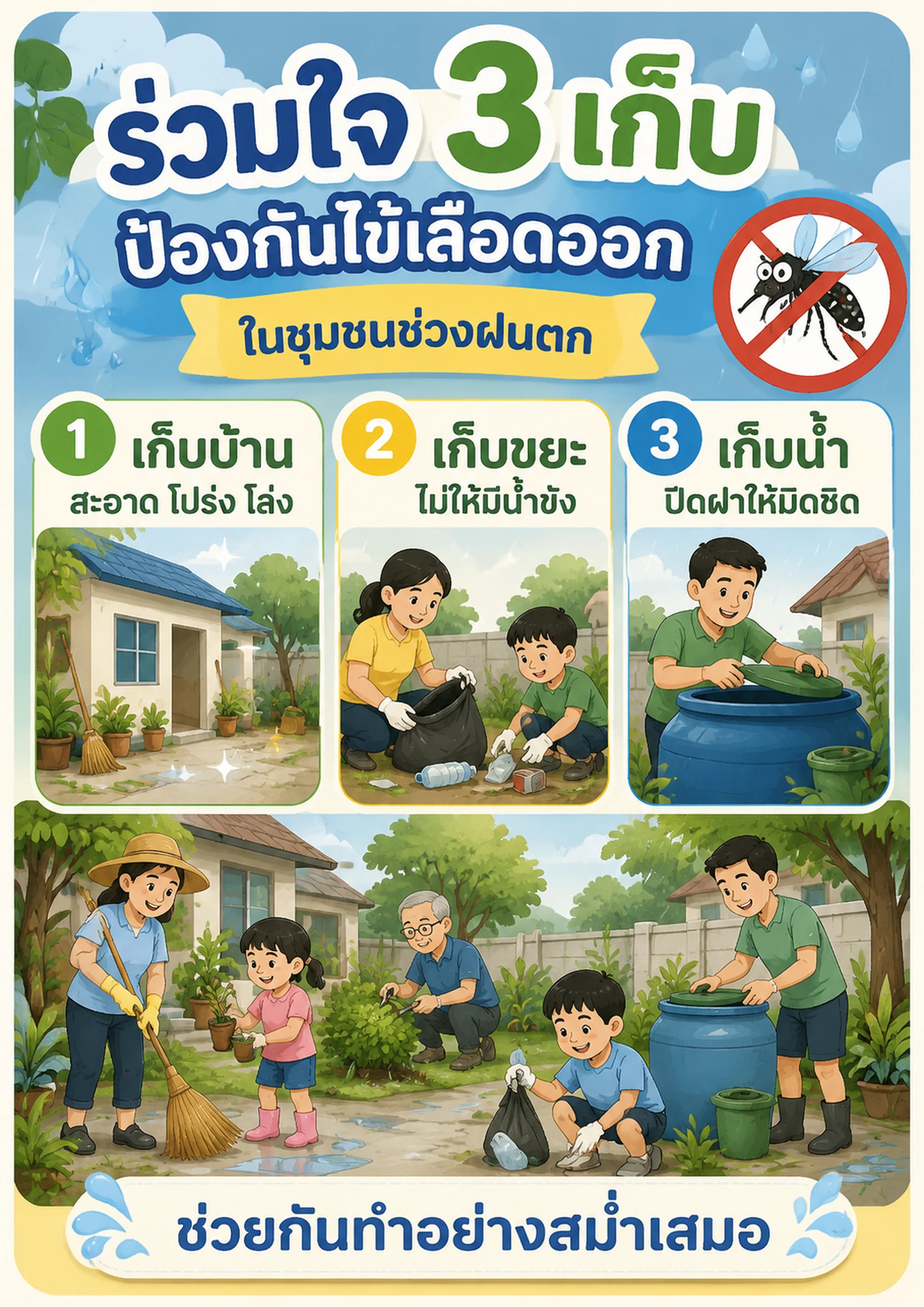 ร่วมใจ 3 เก็บ ป้องกันไข้เลือดออกในชุมชนช่วงฝนตก