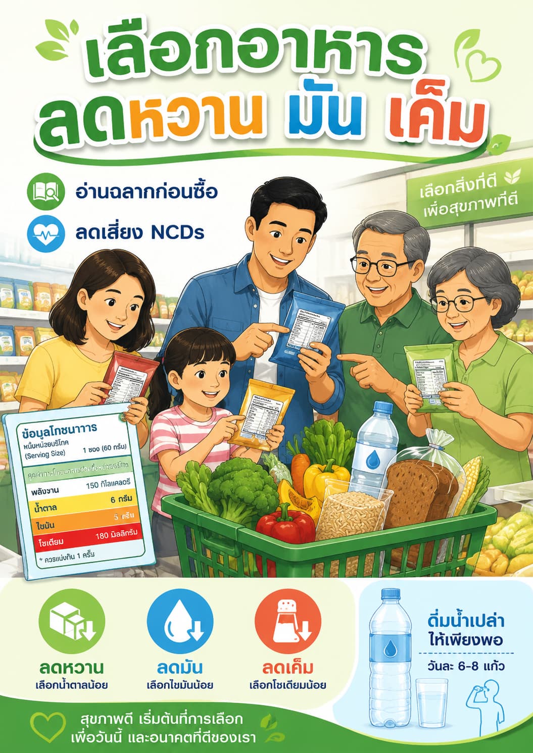 เลือกอาหารอย่างมีข้อมูล: มองหาทางเลือกที่ลดหวาน มัน และเค็ม
