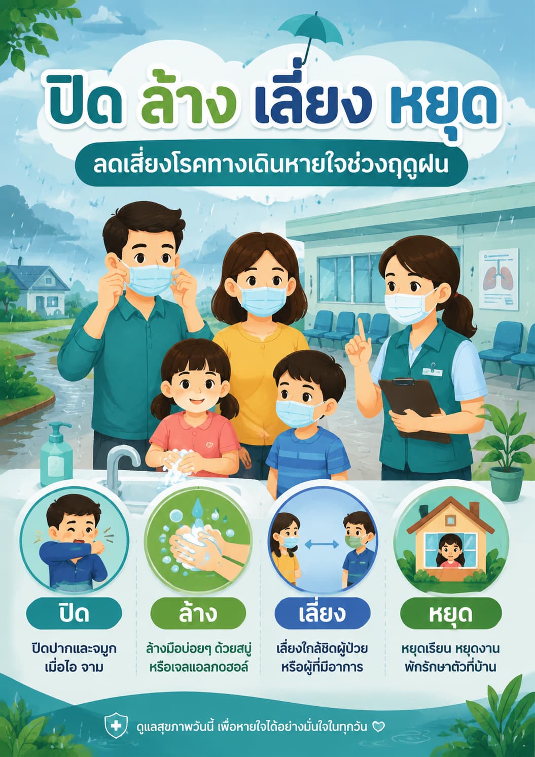 ฤดูฝนระวังโรคทางเดินหายใจ ใช้มาตรการปิด ล้าง เลี่ยง หยุด