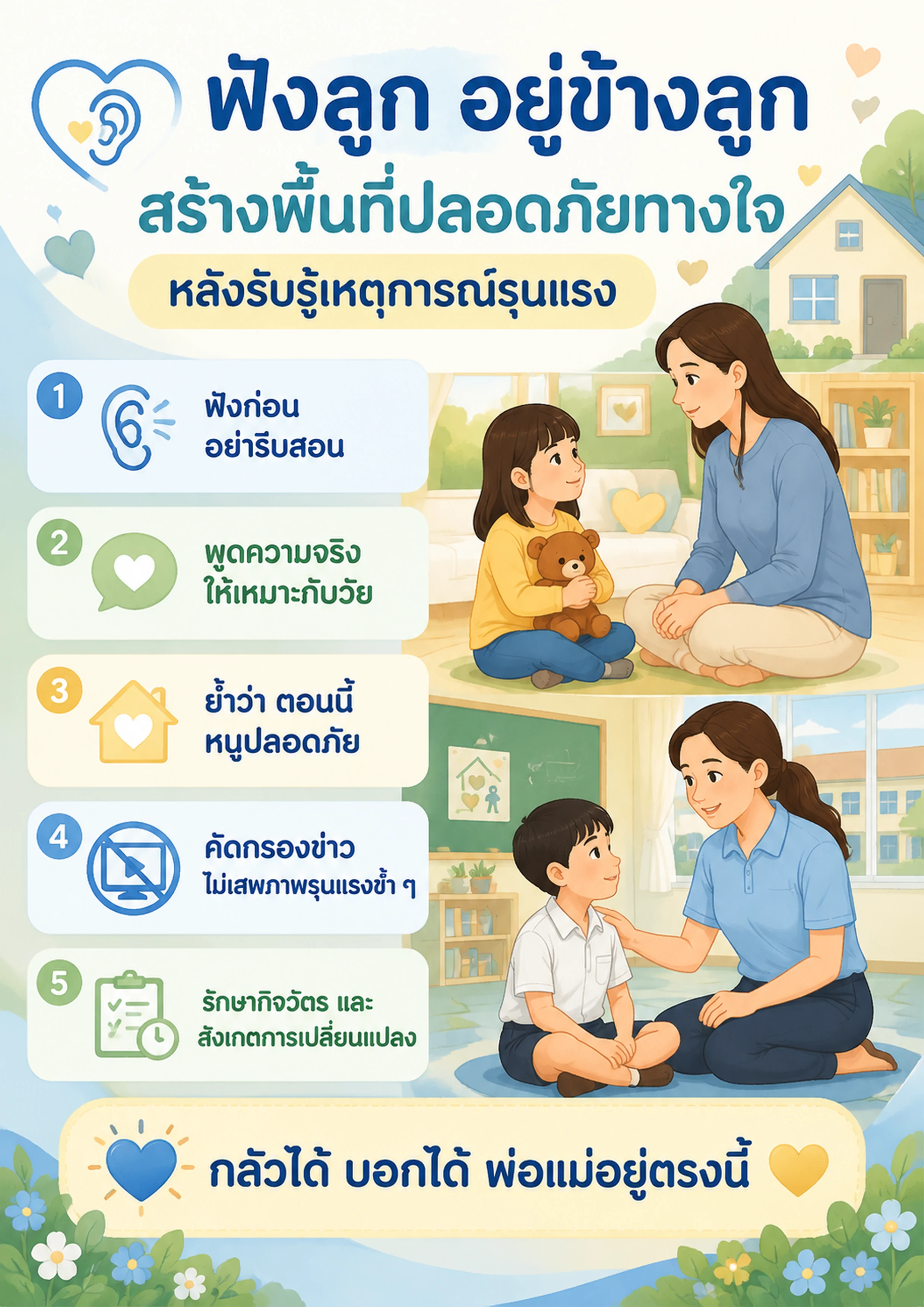 ฟังลูก อยู่ข้างลูก สร้างพื้นที่ปลอดภัยทางใจหลังรับรู้เหตุการณ์รุนแรง