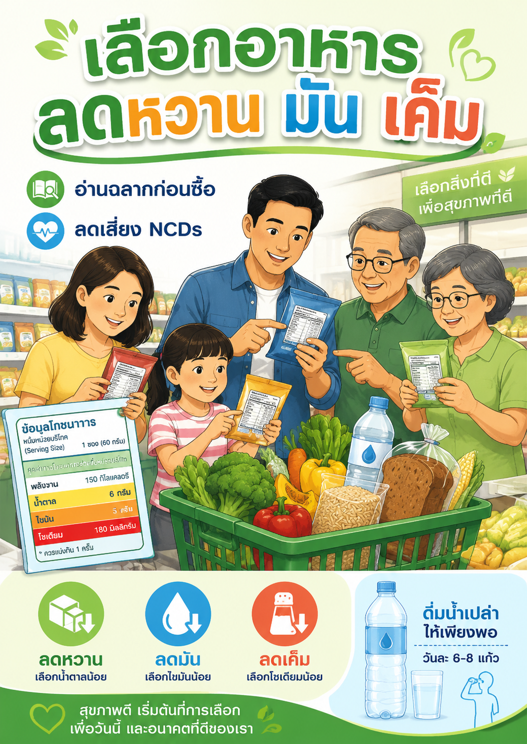 เลือกอาหารอย่างมีข้อมูล: มองหาทางเลือกที่ลดหวาน มัน และเค็ม